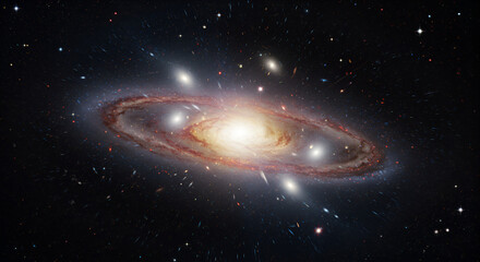 Wall Mural - Spiral galaxy with a bright core, surrounded by star clusters and dust