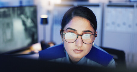 Poster - Watching, footage and security guard with computer, woman and monitoring of danger, night and safety. Serious, law enforcement and person with glasses in control room, review and tech for observation