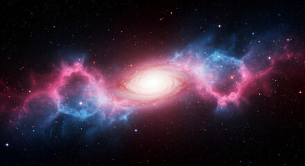 Wall Mural - Spiral galaxy with vibrant pink and blue nebulae in deep space.  Cosmic clouds swirl around a central galactic core
