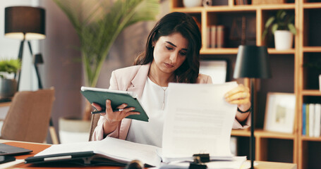 Leinwandbilder - Woman, tablet and paperwork in office for business, contract review and case study in law firm. Lawyer, technology and legal document in agency for planning, compare research and administration