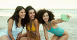 © DavidL2000/peopleimages.com - Selfie, happy and friends on beach for holiday, summer vacation and weekend together in nature. Relax, smile and people with photograph for social media, online post and profile picture by sea