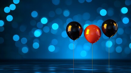 Wall Mural - Three Colorful Balloons in Red and Black against a Shimmering Blue Bokeh Background