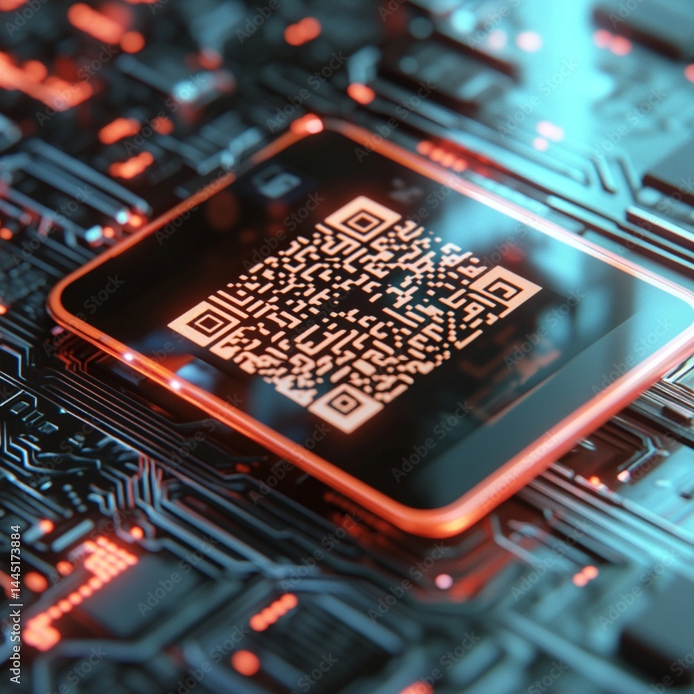 Digital QR Code on Futuristic Circuit Board Technology Background 3D ...