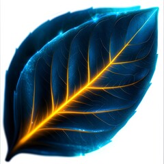 Wall Mural - Vibrant Neon Blue Leaf with Glowing Yellow Veins Against a Pure White Background