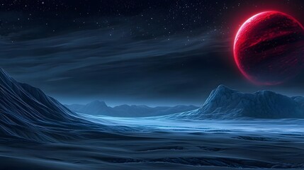 Wall Mural - Vast Alien Landscape Under Night Sky Featuring Blue Seascape and Red Celestial Body