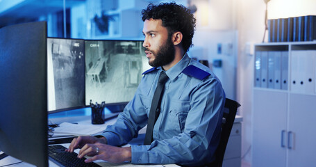 Poster - Security, computer and man in control room for surveillance, investigation and protection service. Law enforcement, screen and person with footage on monitor for safety, inspection and observation