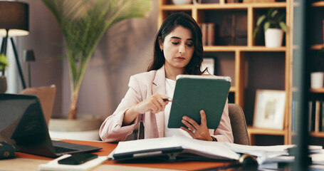 Poster - Tablet, reading and business with woman in home office for government lawyer, federal justice policy or network. State prosecutor, typing and political administration with person and online review