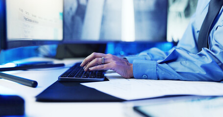 Poster - Hands, security guard and keyboard with surveillance with computer for report, stats and screen in control room. Person, typing and monitor with feedback, safety services or privacy at command center