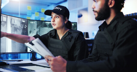 Poster - Night, security team and discussion at computer for feedback, advice or standard procedure in control room. Man, woman guard or paperwork in office for protocol rundown, service or tech on late shift