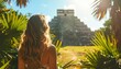 © Olga Gorkun - A woman with long wavy hair gazes at an ancient Mayan pyramid through lush tropical foliage under the sun, evoking a sense of history and exploration