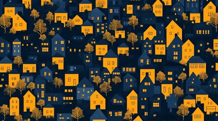 vibrant urban landscape with houses and trees under a celestial twilight ambiance