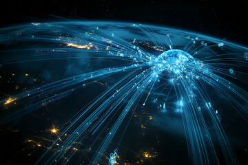 Wall Mural - planet earth in space , binary code technology , glowing sphere on black background