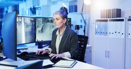 Poster - Security, bodyguard and woman on computer for surveillance, investigation and protection service. Law enforcement, screen and mature person with monitor for safety, observation and inspection