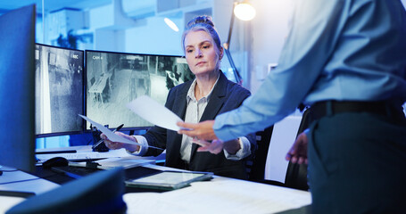 Poster - Woman, documents and security surveillance with computer for suspect at protection agency. Female person, paperwork and manager with information, observation report or safety protocol at control room