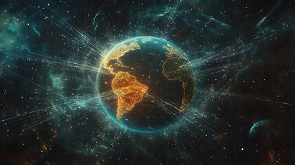Wall Mural - planet earth in space , binary code technology , glowing sphere on black background