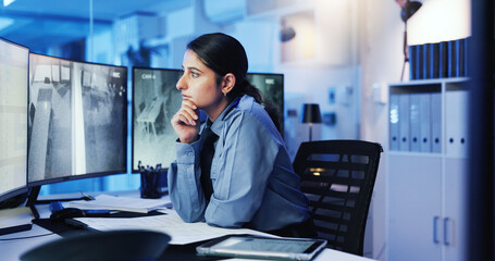 Poster - Security, thinking and woman on monitor in control room for surveillance, investigation and protection service. Law enforcement, computer screen and person for safety, inspection and observation