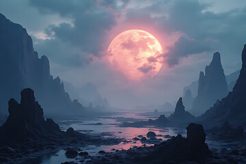 Wall Mural - Stormy alien battlefield after war, illuminated clouds, shattered mech ruins, mystic fog rising from craters, dynamic yet calm design