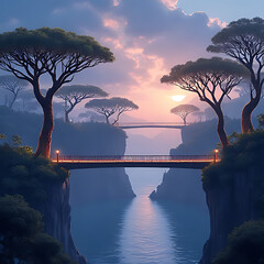 Wall Mural - Floating fantasy islands linked by light bridges, massive trees with glowing leaves, twilight gradient sky, whimsical elements
