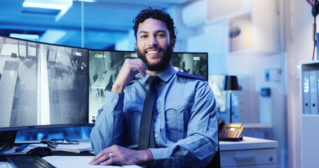 Fototapete - CCTV, portrait and tablet with man in office at night for monitoring, protection or safety. Dispatch, law enforcement and surveillance with happy officer in workplace for agency or government career