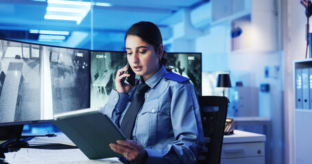 Poster - Phone call, security guard and woman with tablet, display or cctv screen in night shift for safety or video surveillance. Camera, footage or person with communication in control room for protection