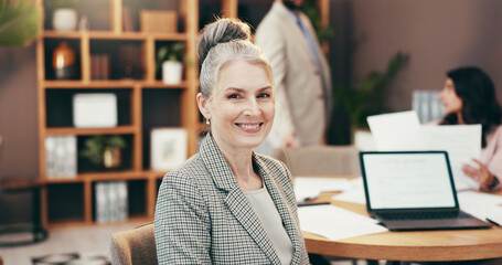 Aufkleber - Portrait, mature and happy business woman in office with pride, ambition and attorney coworking. Smile, professional manager and confident lawyer at work as legal representative in corporate law firm