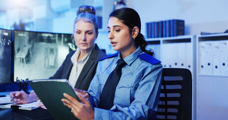 Poster - Women, security guard or tablet with surveillance for safety check, observation or building coverage at office. Female people, officer or investigator with technology for suspect at protection agency