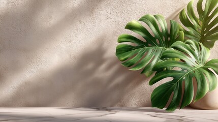 Fototapete - Brightly lit green monstera leaves create a calming atmosphere against a textured beige background. Shadows play gently, enhancing the beauty of nature’s simplicity