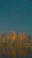 Wall Mural - Slider shot of Deep Night Stars Above Lake. Natural Starry Sky Landscape. Wooden Pier. Autumn Forest woods lake . Amazing Landscape Woodland Slider Time Lapse, Time-lapse. reflection on water surface