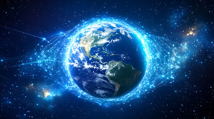 Wall Mural - planet earth in space , binary code technology , glowing sphere on black background