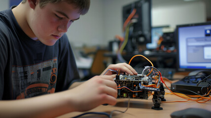 Fototapete - This Student focuses on assembling a robotics kit in a classroom setting, exploring technology.