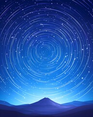 Wall Mural - Star trails swirl above a silhouetted mountain range under a deep blue night sky