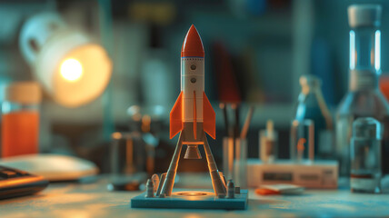 Leinwandbilder - This rocket model on a workspace surrounded by learning materials and tools for educational projects.