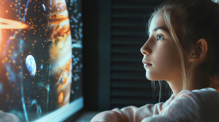 Poster - This young student observes ai generated visuals of the universe, engaging with educational content.