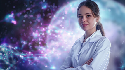 Poster - This confident scientist in a lab coat is surrounded by vibrant AI-driven educational graphics.