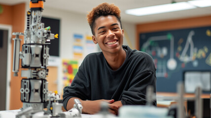 Leinwandbilder - This Young student smiles while working with robotics materials in a dynamic learning environment.