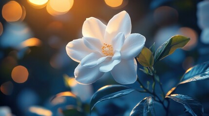 Wall Mural - Delicate White Flower Blossom with Soft Bokeh Background in Serene Natural Setting  Closeup of a beautiful fresh and vibrant floral with petals in focus and blurred colorful lights in the background