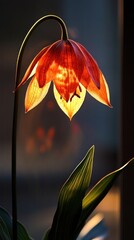 Wall Mural - Dramatic close up image of a vibrant red flower blossom with delicate illuminated petals set against a dark background highlighting the natural beauty and intricate details of this botanical specimen
