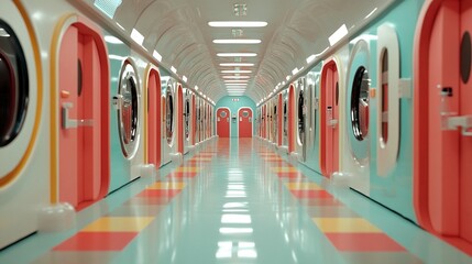 Wall Mural - colorful futuristic hallway with round doors, leading to a vanishing point.
