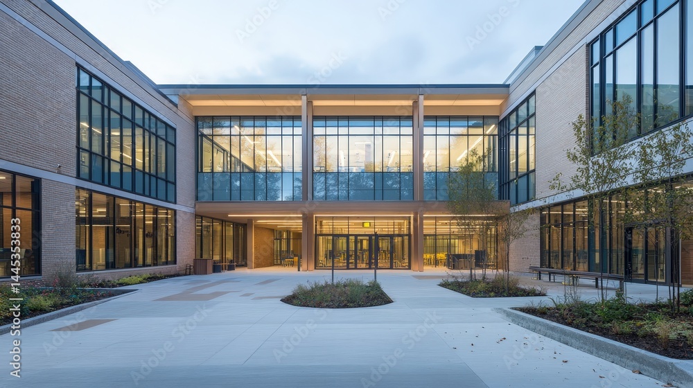 modern school building with large glass windows, a spacious courtyard ...