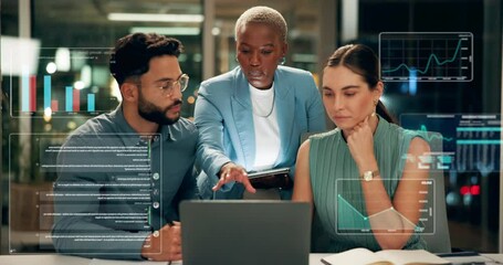 Aufkleber - Teamwork, hologram screen and people with graphs, laptop and business discussion with data and growth. Dashboard, stock market and coworkers networking for research, technology and overlay analysis