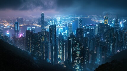 Wall Mural - a peaceful city night view from a hilltop, overlooking skyscrapers glowing in a sea of artificial li