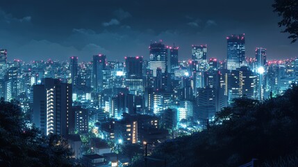 Wall Mural - a peaceful city night view from a hilltop, overlooking skyscrapers glowing in a sea of artificial li