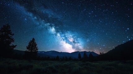 Wall Mural - a peaceful night scene in the wilderness, with a clear sky full of stars and the milky way stretchin