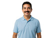 © SimpleDesignStudio - A middle-aged Hispanic man with a prominent mustache smiles happily while wearing a light blue polo shirt, standing against a transparent background.