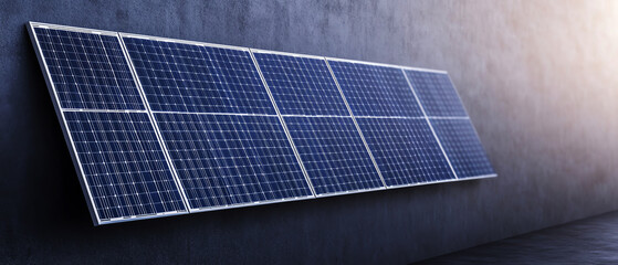 Modern solar panel array mounted on dark wall, clean energy technology for sustainable power generation, eco friendly innovation