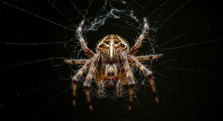 Brown Spider On Intricate Web Against Dark Background Close Up Macro Photography