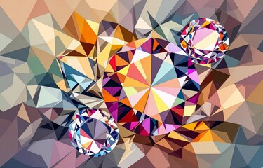 Poster - Vibrant, multifaceted gemstones float amidst a low-poly background.  Colors blend in a dazzling display of light and shadow, creating a sense of depth and luminosity.