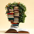 © Find.Q_Imagens - Um perfil estilizado de uma cabeça humana é intrincadamente formado por livros e folhagens, exibindo uma mistura vibrante de folhas verdes, plantas e livros empilhados.