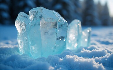 Poster - Translucent blue ice chunks rest on pristine snow, bathed in sunlight.  A blurred forest forms the background.