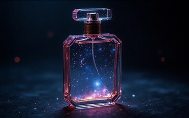 Aufkleber - A captivating image of a perfume bottle, its transparent glass filled with a mesmerizing cosmos of stars, nebulae, and celestial dust.  The bottle sits on a dark surface, illuminated by an ethereal gl
